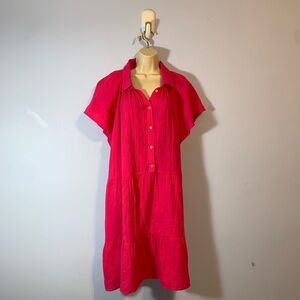 Gap XXL tall hot raspberry pink button up short sleeve shirt cotton gauze dress